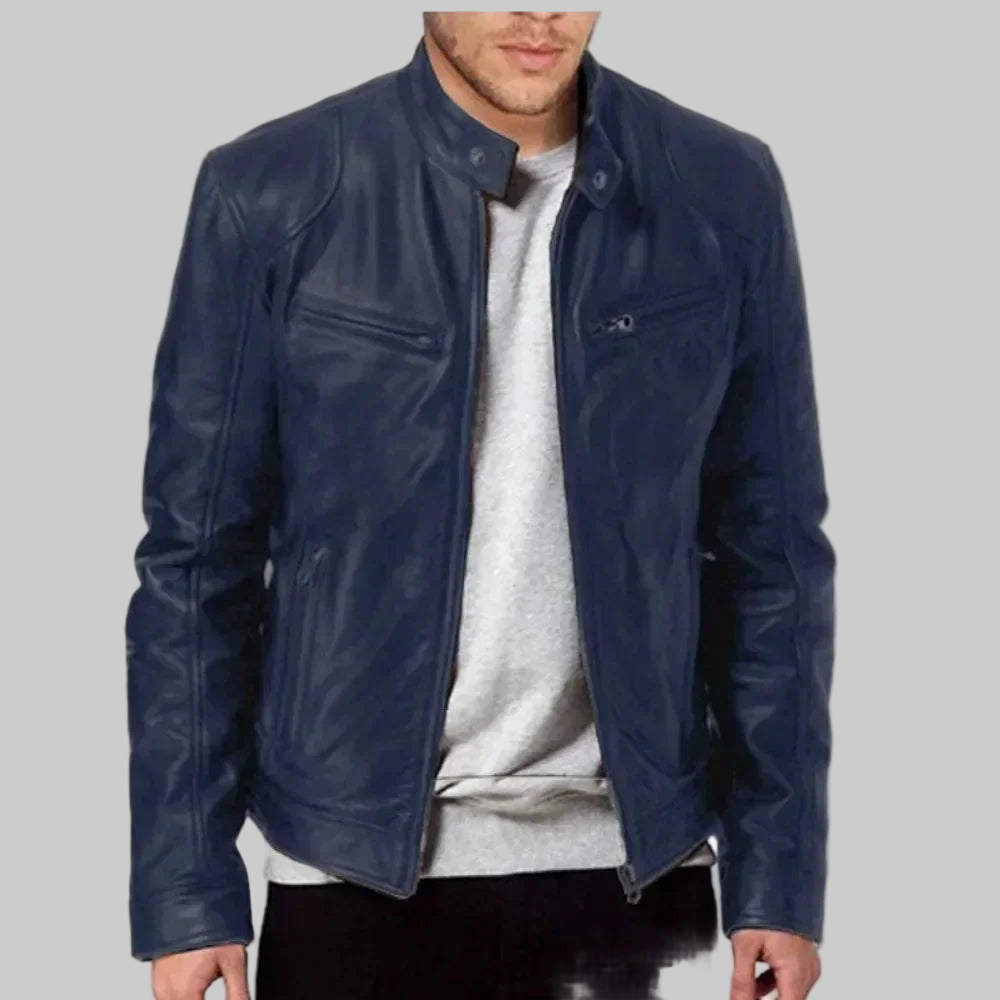 Leather Motorcycle Jacket Men Stand Collar Casual Slim